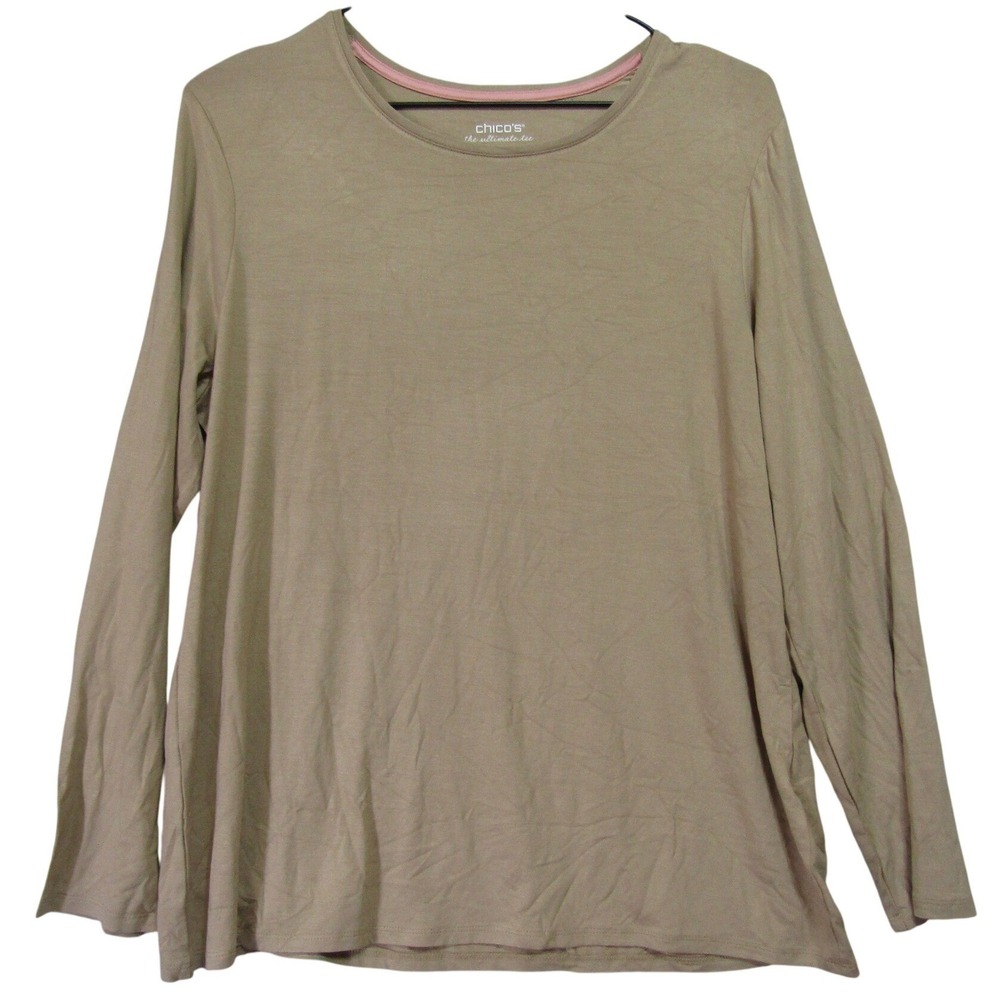 Chico's The Ultimate Tee Womens Large Tan Good Long Sleeve Rayon Spandex Stretch - Picture 1 of 6
